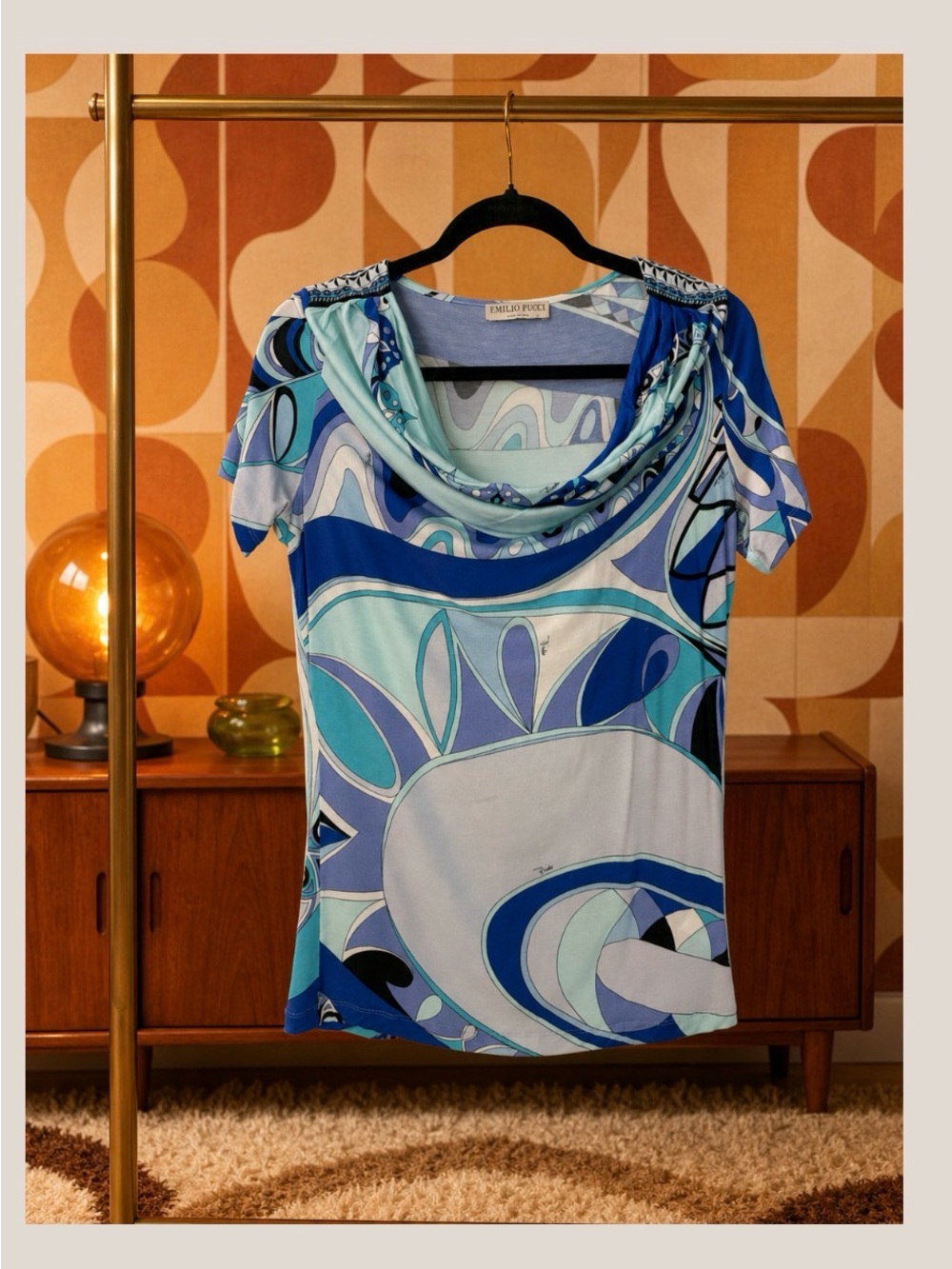 Emilio Pucci Blue Aqua and Light Blue Abstract Cowl Neck Top
